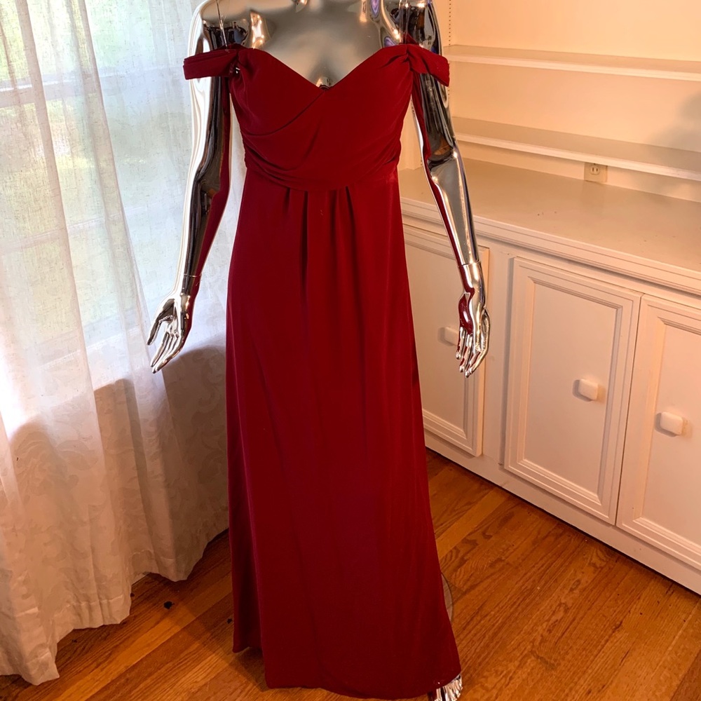 Off shoulder formal red dress with slit